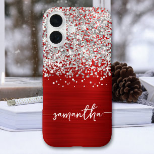 Funkelndes Silber Glitter Rot Glam Name iPhone 16 Hülle