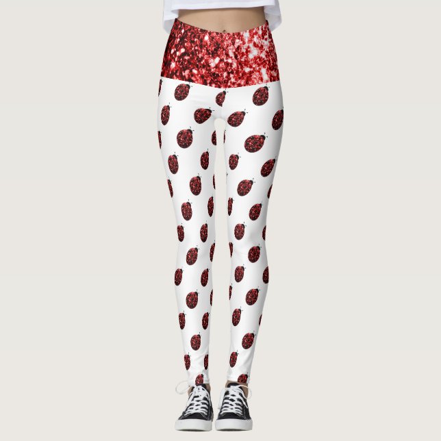 Funkelrote Glitzern-Ladybug-Muster auf weiß Leggings (Vorderseite)