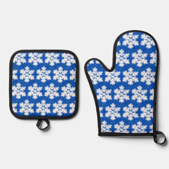 Funkelweiße Schneeflocken blauer Hintergrund Ofenhandschuh & Topflappen-Set (Vorderseite)