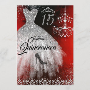 Funken Diamant Kleid Rot Silber Schwarz Quinceaner Einladung