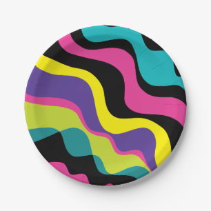 Funkige Retro-Farben Welle Pop-Muster 90er-Party Pappteller