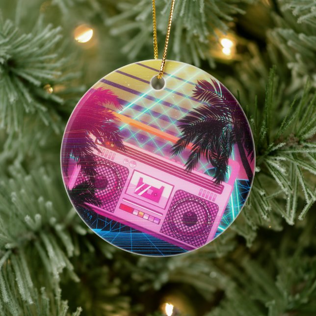 Funky 80er rosa Boombox mit Palmen Keramik Ornament (Baum)