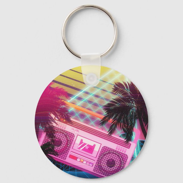 Funky 80er rosa Boombox mit Palmen Schlüsselanhänger (Vorderseite)
