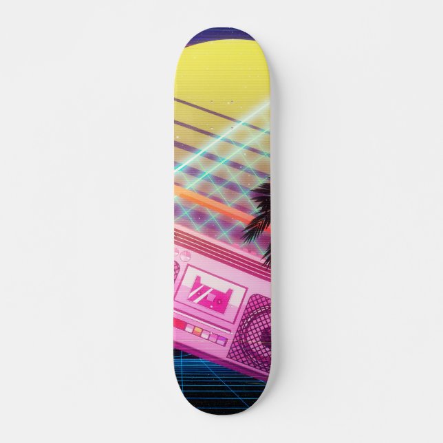 Funky 80er rosa Boombox mit Palmen Skateboard (Vorne)