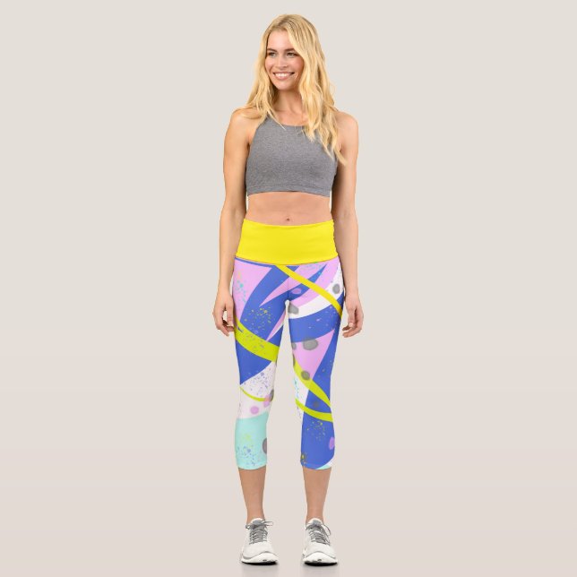 Funky Abstrakt Art Yellow Blue Pastel Thema Capri Leggings (Vorderseite)