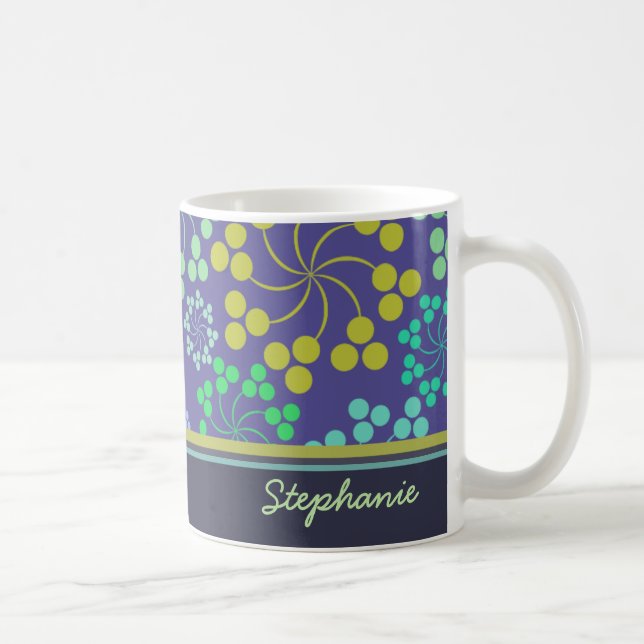Funky Abstrakt Blue Floral Pattern Personalisiert Kaffeetasse (Rechts)