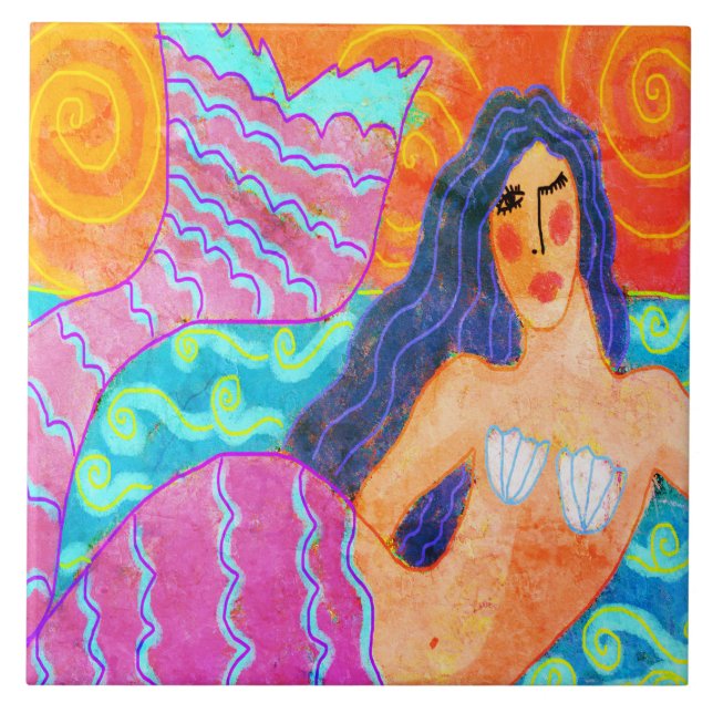 Funky Abstrakt Digital Mermaid Painting Fliese (Vorderseite)