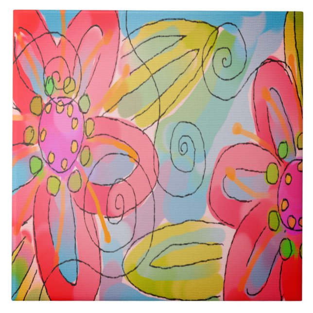 Funky Abstrakt Floral Painting Fliese (Vorderseite)
