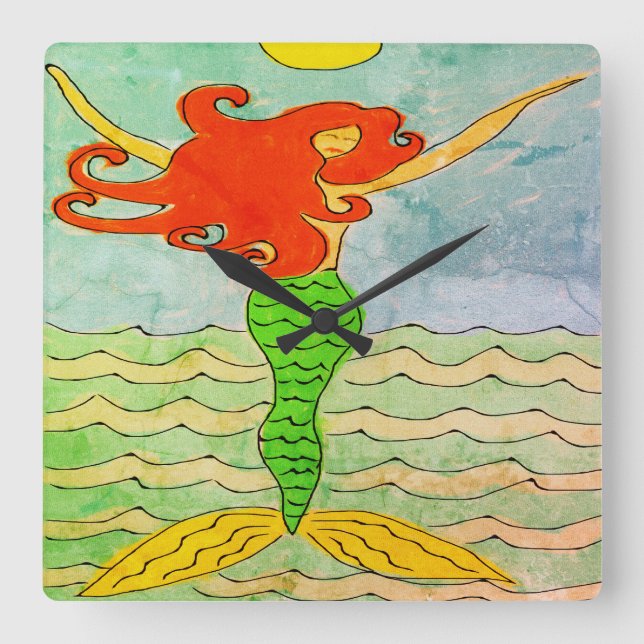 Funky Abstrakt Mermaid Painting Quadratische Wanduhr (Vorderseite)