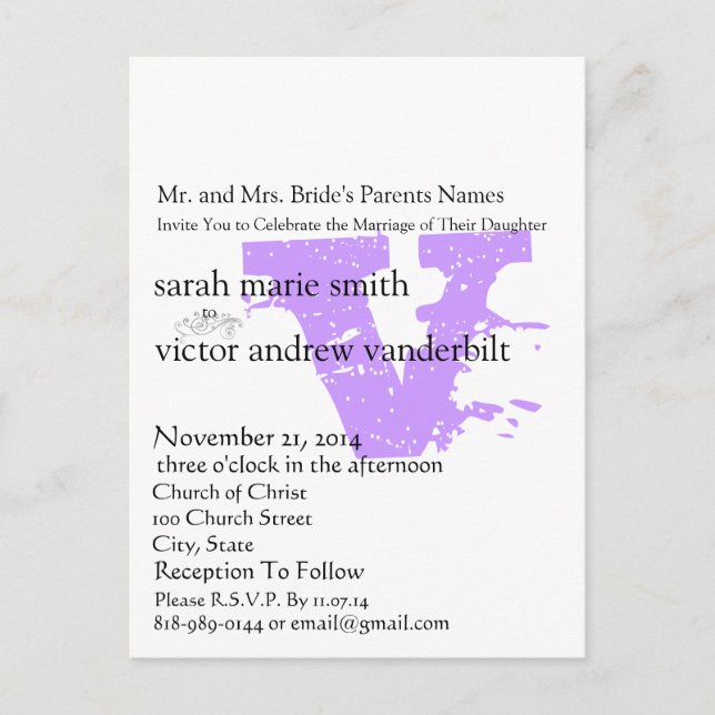 Funky Abstrakt Modern Monogram Lila Wedding Postkarte (Vorderseite)