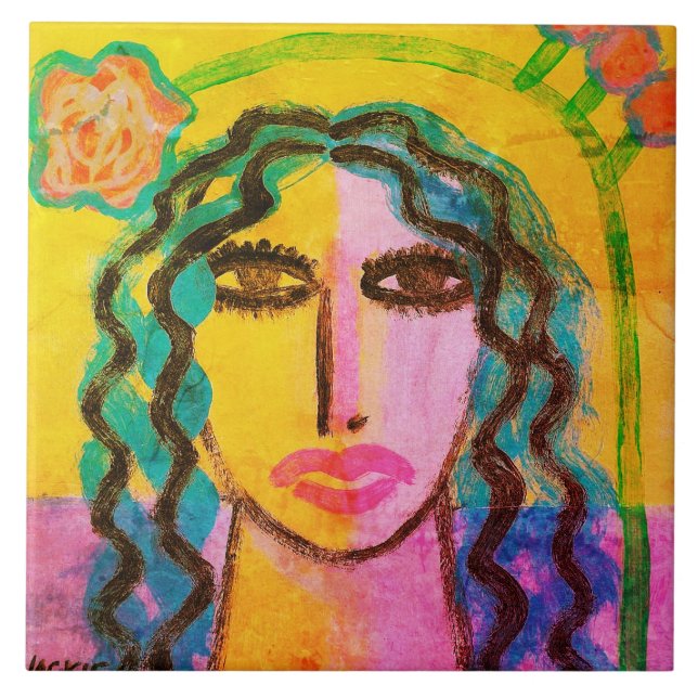 Funky Abstrakt Portrait einer Frau Fliese (Vorderseite)