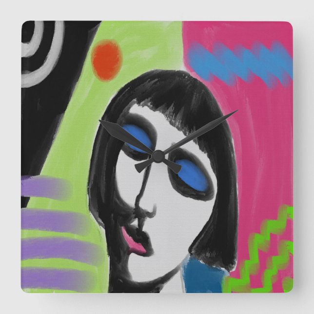 Funky Abstraktes Portrait eines Woman Square Wall  Quadratische Wanduhr (Vorderseite)