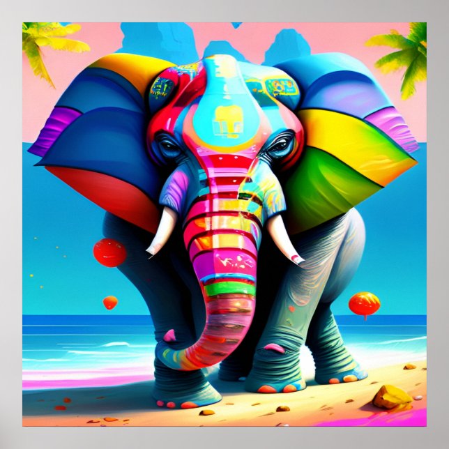 Funky and Playful Rainbow Elephant Print Poster (Vorne)