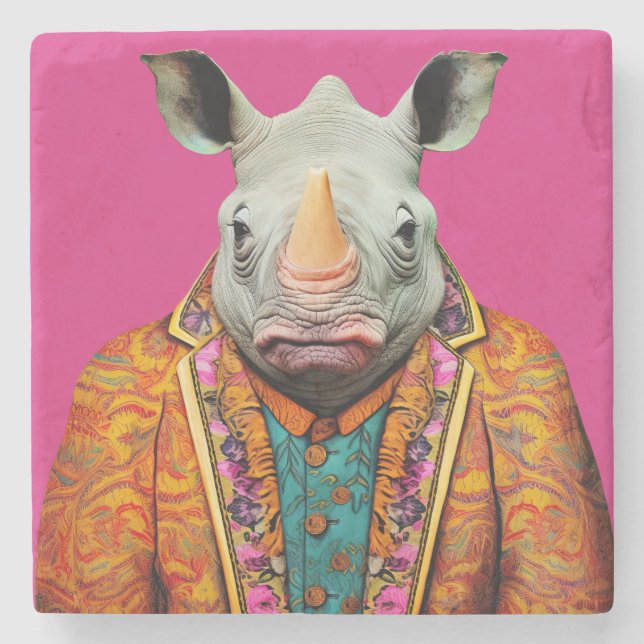 Funky Anthropomorphes Rhino Portrait auf Hot Pink Steinuntersetzer (Vorderseite)