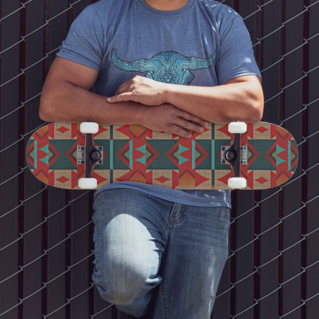 Funky Aquamarin Blue Red Orange Brown Tribal Art Skateboard (Außenbereich 3)