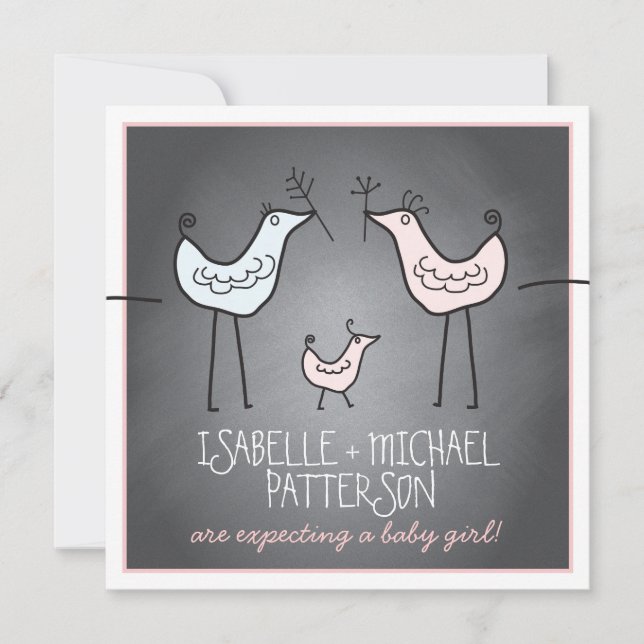 Funky Birds Moderne Chalkboard Paare Babydusche Einladung (Vorderseite)