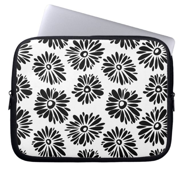 Funky Black and White Floral Laptopschutzhülle (Vorderseite)