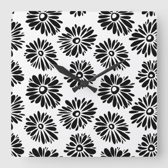 Funky Black and White Floral Quadratische Wanduhr (Vorderseite)