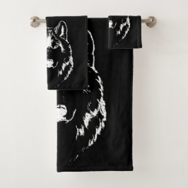 Funky Black and White Wolf Face Kopfskizze Badhandtuch Set