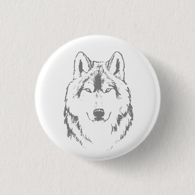 Funky Black and White Wolf Face Kopfskizze Button (Vorderseite)