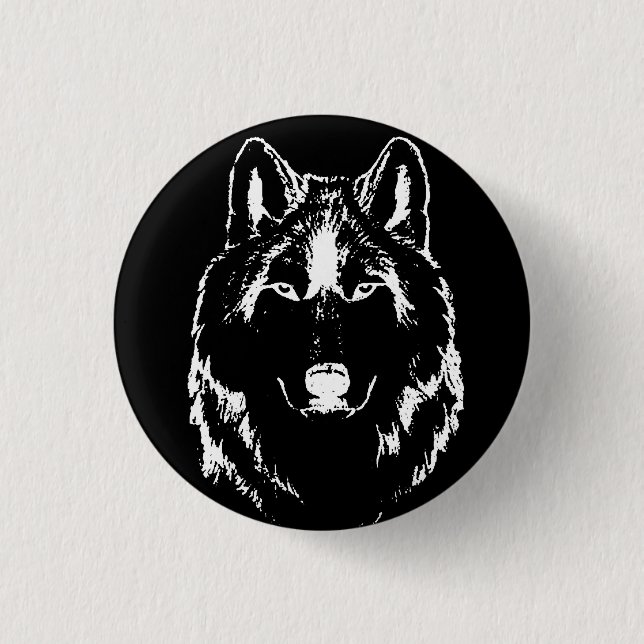 Funky Black and White Wolf Face Kopfskizze Button (Vorderseite)