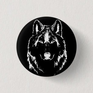 Funky Black and White Wolf Face Kopfskizze Button
