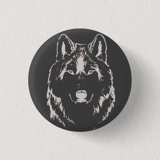 Funky Black and White Wolf Face Kopfskizze Button (Vorderseite)