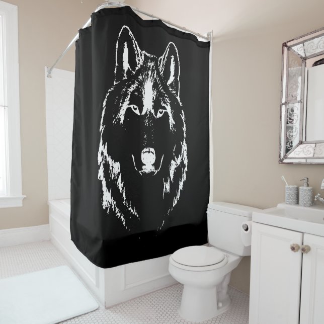 Funky Black and White Wolf Face Kopfskizze Duschvorhang (Beispiel)