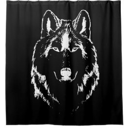 Funky Black and White Wolf Face Kopfskizze Duschvorhang