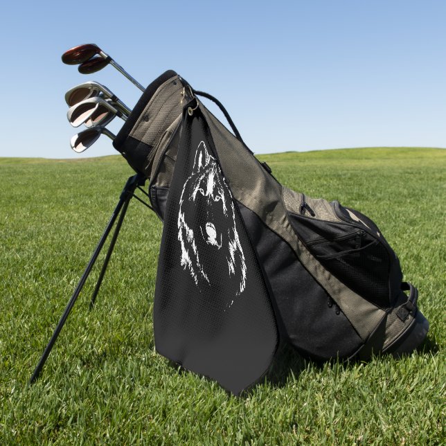 Funky Black and White Wolf Face Kopfskizze Golfhandtuch (Gras)