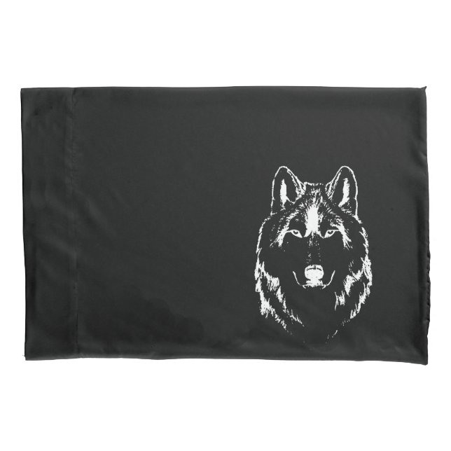 Funky Black and White Wolf Face Kopfskizze Kissenbezug (Vorderseite)