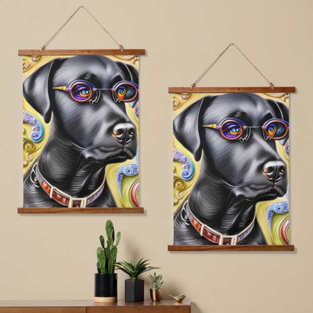Funky Black Labrador Wandteppich Mit Holzrahmen (Asymmetrisch)