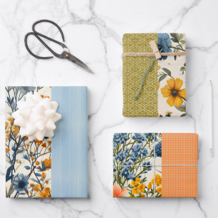 Funky Blue and Yellow Vintag Floral Halb Mix Geschenkpapier Set