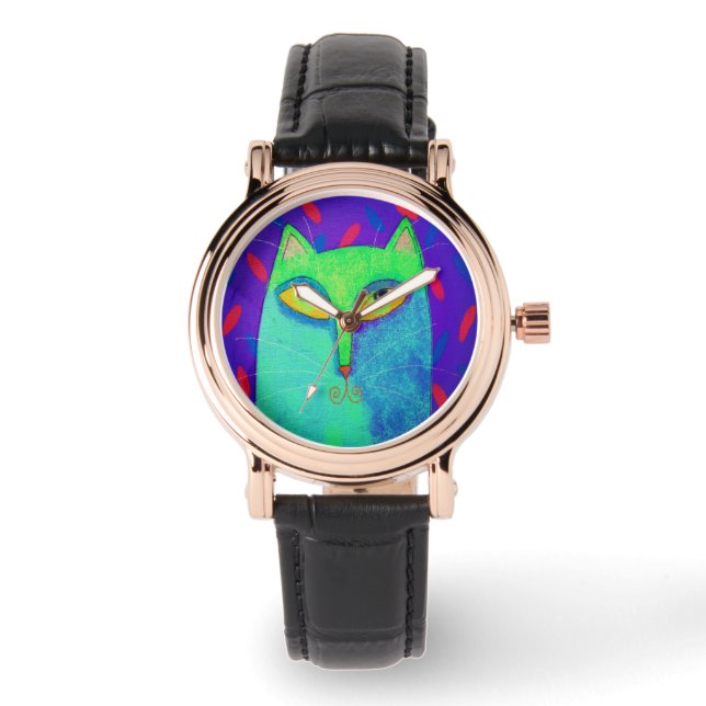 Funky Blue Cat Abstrakt Art to Wear Armbanduhr (Vorderseite)
