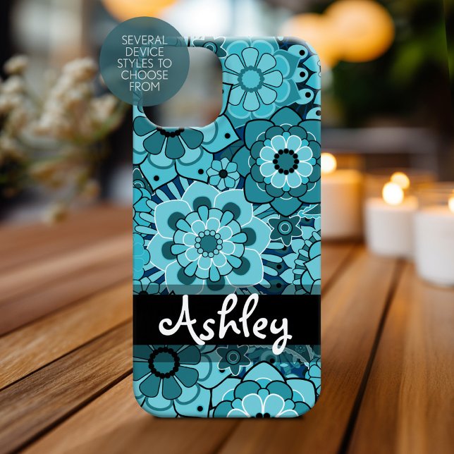 Funky Blue Retro Blumenmuster mit Namen iPhone 15 Hülle (Personalized Phone Case)