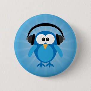 Funky Blue Retro-Eule mit Kopfhörern Button