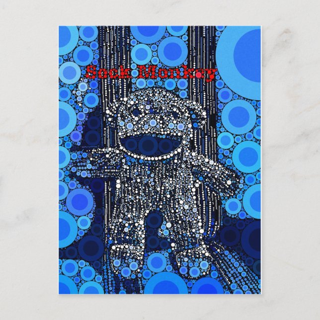 Funky Blue Sock Monkey Circles Bubbles Pop Art Postkarte (Vorderseite)
