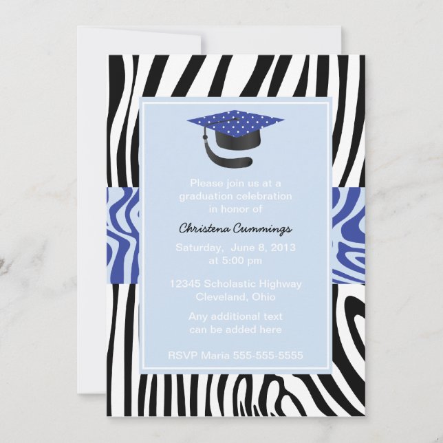 Funky Blue Zebra Graduation Invitation (Devant)