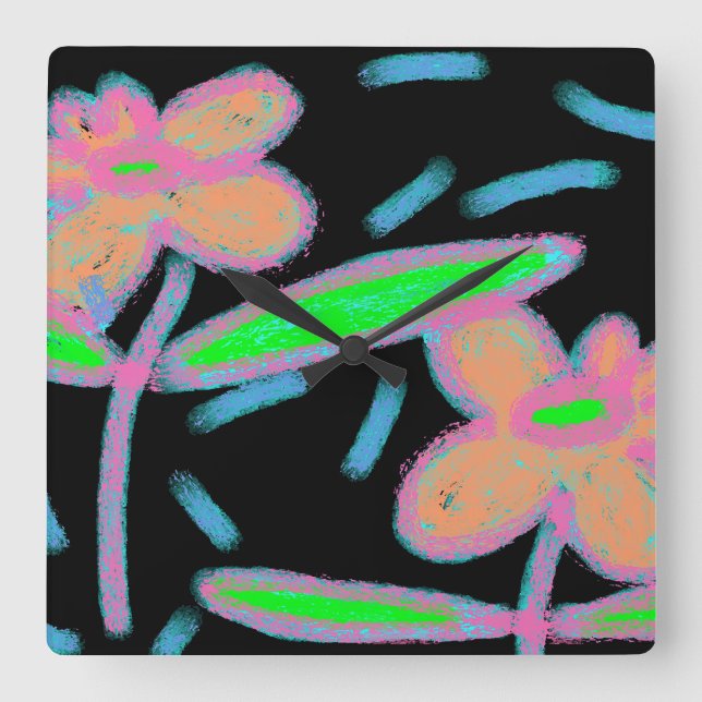 Funky Blume Abstrakt Art Quadratische Wanduhr (Vorderseite)