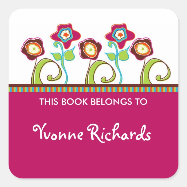 Funky Blume Square Book Labels Quadratischer Aufkleber (Vorderseite)