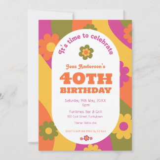 Funky Blumengestein 40. Geburtstag Party Einladung