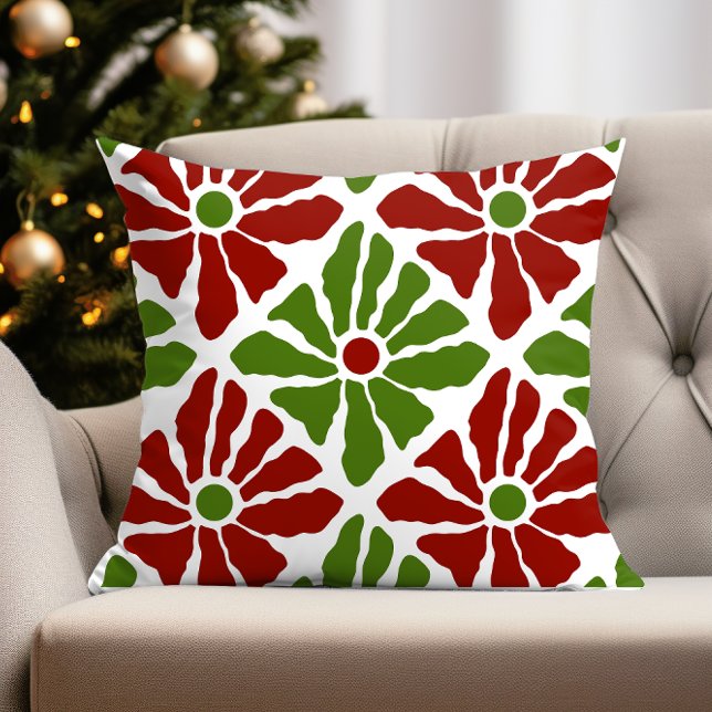 Funky Boho Christmas Poinsettia Blume Red Green Kissen (bold boho christmas floral pillow)