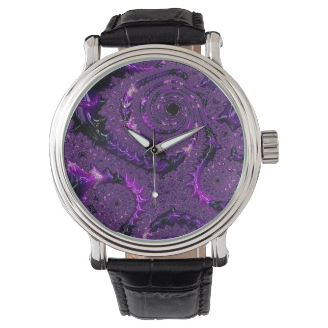 Funky Bold Boho Lila digitales Abstraktes Fraktal Armbanduhr (Vorderseite)
