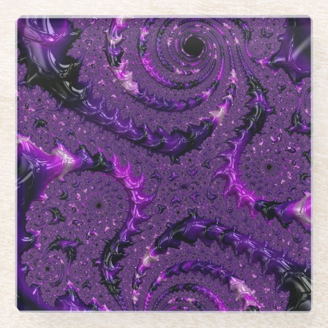 Funky Bold Boho Lila digitales Abstraktes Fraktal Glasuntersetzer (Vorderseite)
