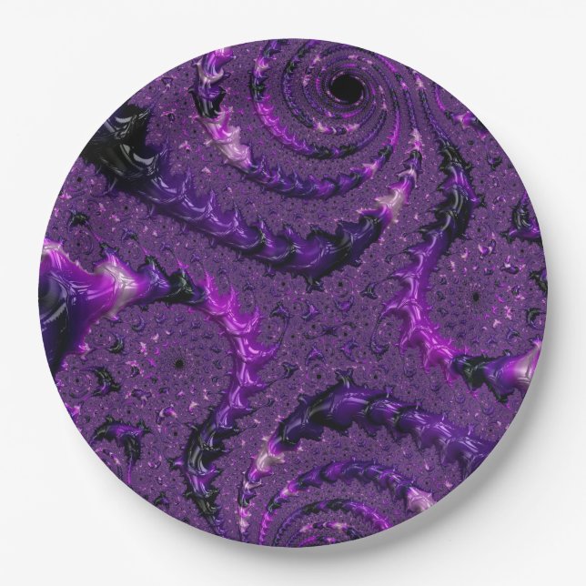 Funky Bold Boho Lila digitales Abstraktes Fraktal Pappteller (Vorderseite)