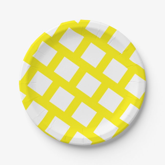 Funky Bright Yellow and White Rhombus Pattern Pappteller (Vorderseite)