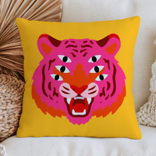 Funky Brüllender Tigerkopf in Pink Maximalist Gelb Kissen