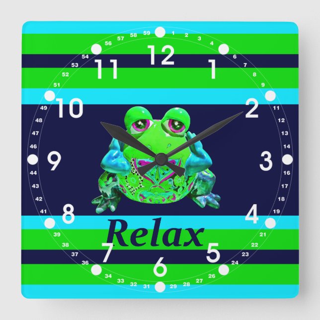 Funky bunter Frosch ENTSPANNEN sich aquamarine Quadratische Wanduhr (Vorderseite)