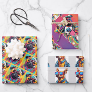 Funky bunter Hund mit Sonnenbrille neon Geschenkpapier Set