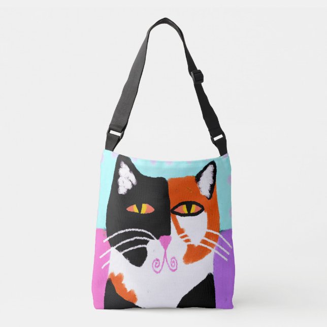 Funky Calico Cat Abstrakt Art Tragetaschen Mit Langen Trägern (Vorderseite)